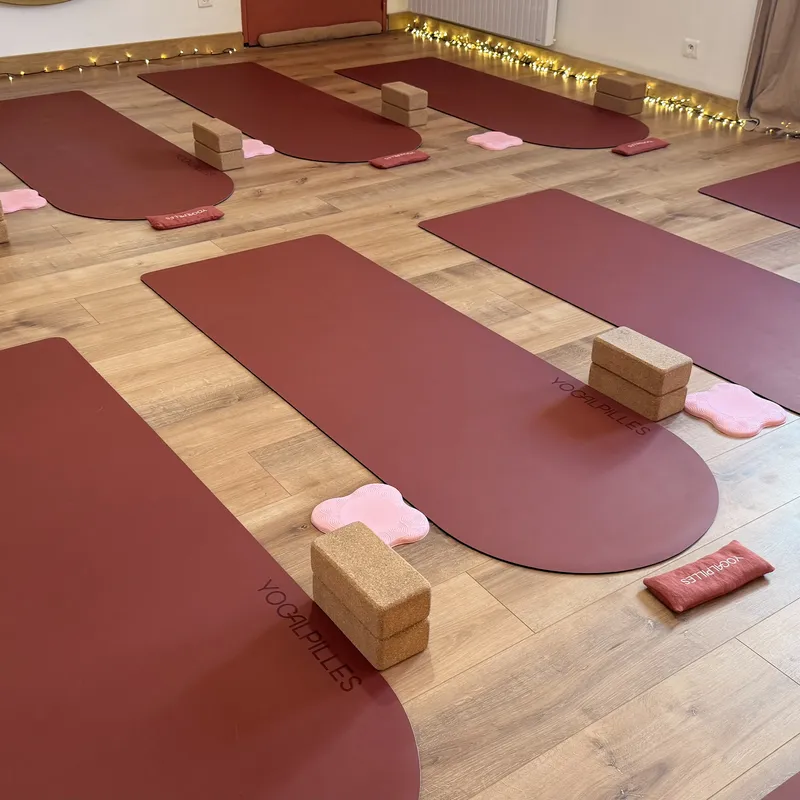 Tapis terracotta au premier plan avec une brique en liège et un support rose en forme de fleur, sur le parquet de la salle.