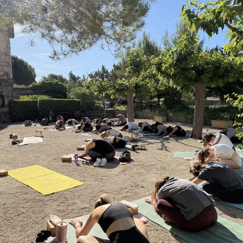 Élèves en posture de l’enfant sur des tapis colorés dans une cour ombragée par les arbres