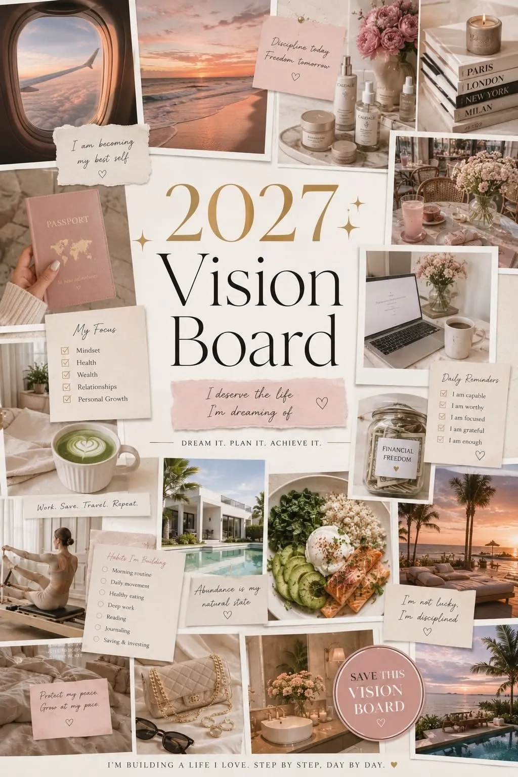 Collage « Vision Board 2027 » mêlant photos de voyage, plage, intérieurs cosy et repas sains, avec des phrases positives