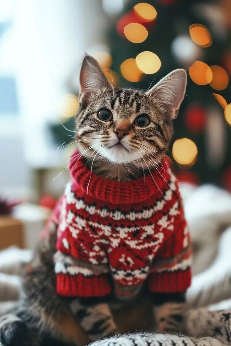 Chaton tigré aux grands yeux portant un pull de Noël rouge et blanc, devant un sapin aux lumières floues